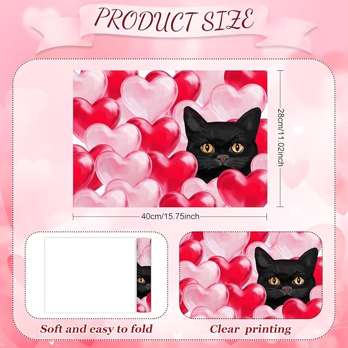 Cute Cat Themed Valentine's Day Paper Placemats, 50 Pcs Disposable Love Heart Table Mats for Couples Dinner, Holiday Party Table Decor