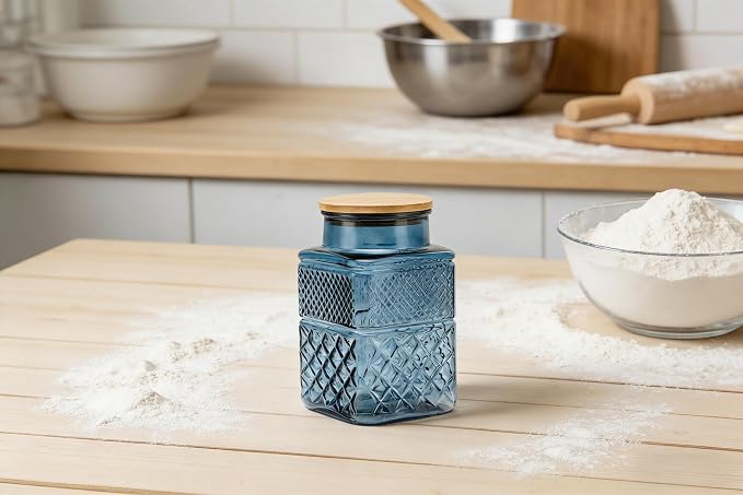 60 FL oz/0.5 Gal Glass Jar with Vintage Pattern and Airtight Lid,Set of 2 | Kitchen Pantry Thick Glass Container for Flour Sugar Cookie Coffee Laundry Pods, Wide Mouth Opening and Airtight Bamboo lid