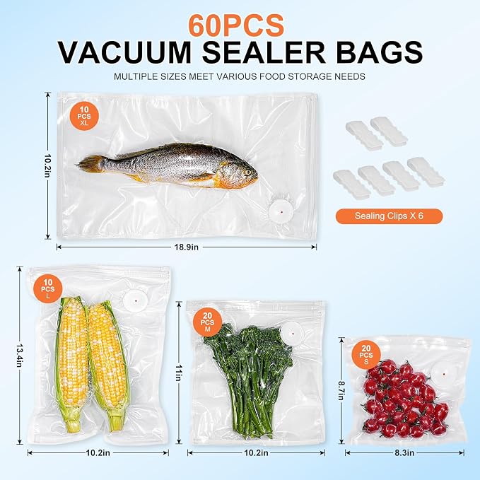 60PCS Vacuum Sealing Bags, Reusable Vacuum Sealer Bags for Food, BPA-Free Vacuum Zipper Bags, Sous Vide Bags for Food Storage (S, M, L, XL)