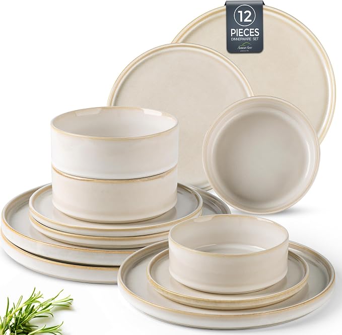 AmorArc Ceramic Dinnerware Sets for 4,12 Piece Plates and Bowls Sets Dishes | Stoneware Handmade Reactive Glaze Dishes Set | Highly Chip and Crack Resistant | Dishwasher & Microwave Safe