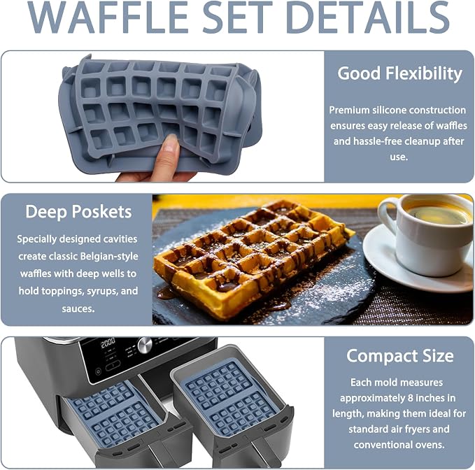 Silicone Waffle Mold for Air Fryer, 2-Pack, 20.5x14.5cm | Deep Pocket Cavities, Belgian-Style Waffles, Flexible & Easy Release, Oven Compatible, Nonstick Tray