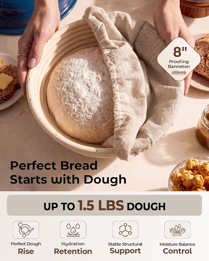 5QT Enameled Cast Iron Sourdough Bread Oven & Starter Kit, Blue | Tight-fitting Dome Lid Helps Retain Steam, Baking Kit Supports Proofing, Scoring & Dough Transfer, Complete Artisan Bread Set