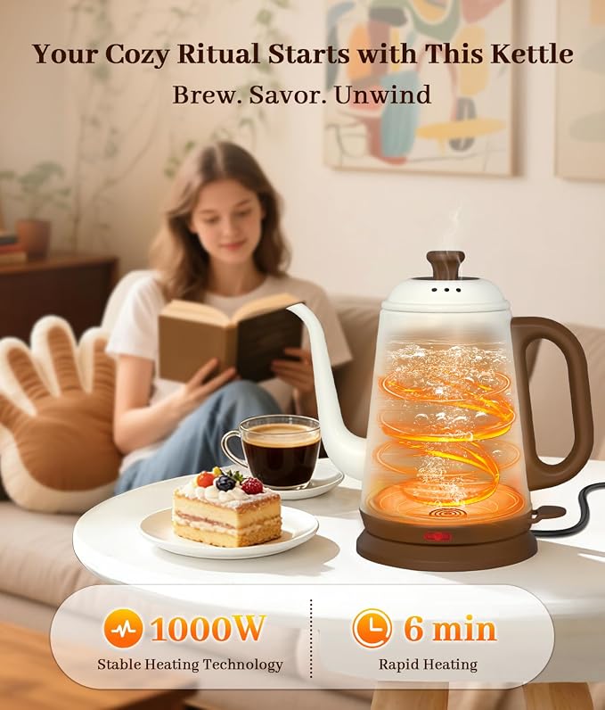Gooseneck Electric Kettle 1L, 1000W, Pour-Over Coffee & Tea | Precise Flow Spout, 304 Stainless Steel, BPA-Free, Fast Boiling, Auto Shut-Off & Boil-Dry Protection, Retro Design (White)