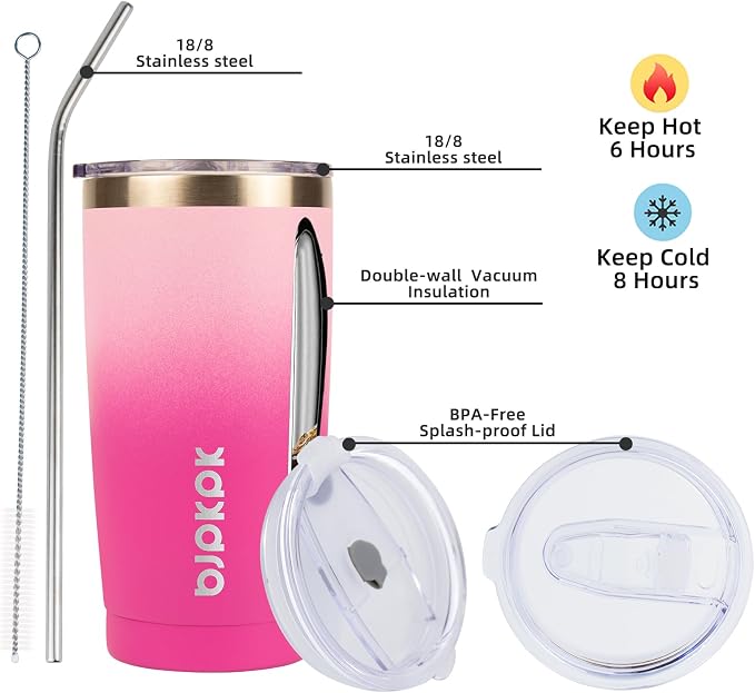 BJPKPK 20 oz Coffee Tumbler with Lid & Straw, Insulated Stainless Steel Mug | Double Wall Vacuum, Keeps Hot/Cold, BPA Free, Leak Proof, Iced Coffee Cup Fit Car Holder, Travel & Beach, Cherry Blossom