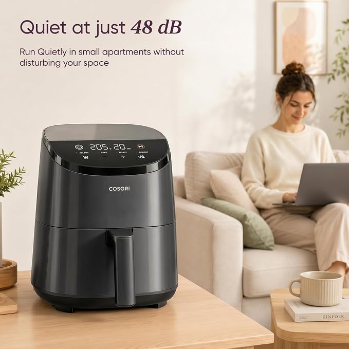 Cosori Lite 2.1 Qt Small Air Fryer, Max 400°F, 4-in-1, 97% less oil, Gray | Ideal for dorms, apartment, RVs, Quiet, Touch control, Air Fry, Bake, Roast, Reheat, Nonstick inner, Dishwasher-Safe Basket