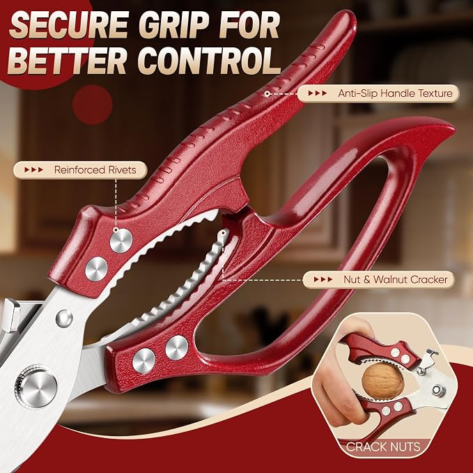 Huusk Poultry Shears Heavy Duty – All Purpose Japanese Kitchen Scissors | SK5 Steel Kitchen Shears for Meat, Fish, Vegetables, Chicken Bones, Turkey, Ergonomic Non-Slip Red Handle, Gifts for Women