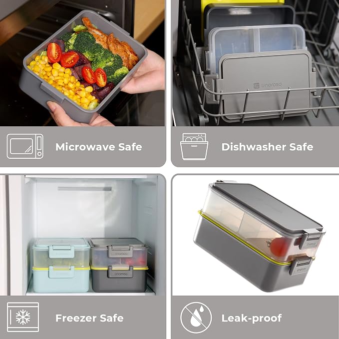 Stackable 2-Tier Adult Bento Box, 4 Compartments - Ultimate Gray | leakproof sauce cups, utensil set included, microwave & dishwasher safe, 7 colors available, ideal for work/school/picnic