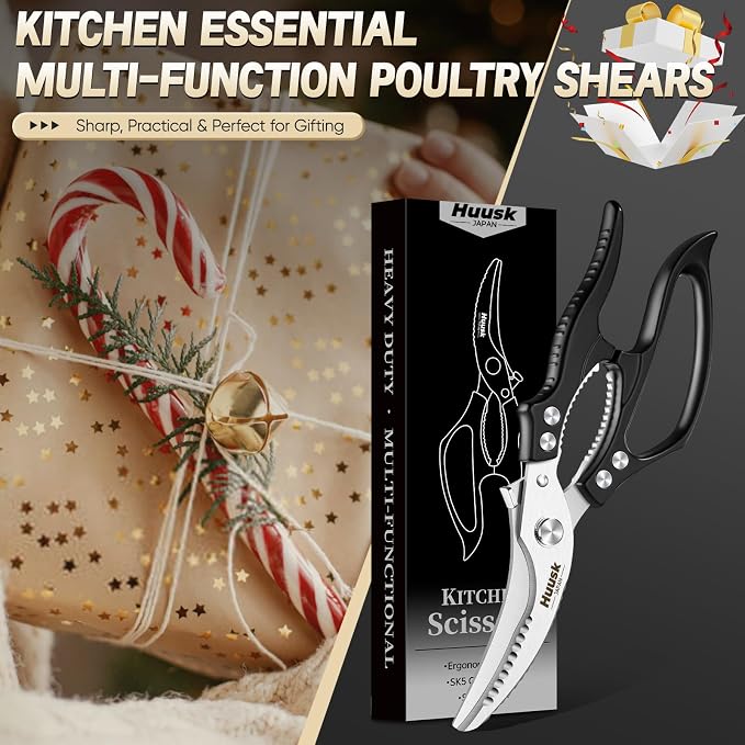 Huusk Kitchen Scissors All Purpose – Japanese Heavy Duty Poultry Shears | SK5 Steel Kitchen Shears for Meat, Fish, Vegetables, Chicken Bones, Turkey, Ergonomic Non-Slip Black Handle, Gifts for Women