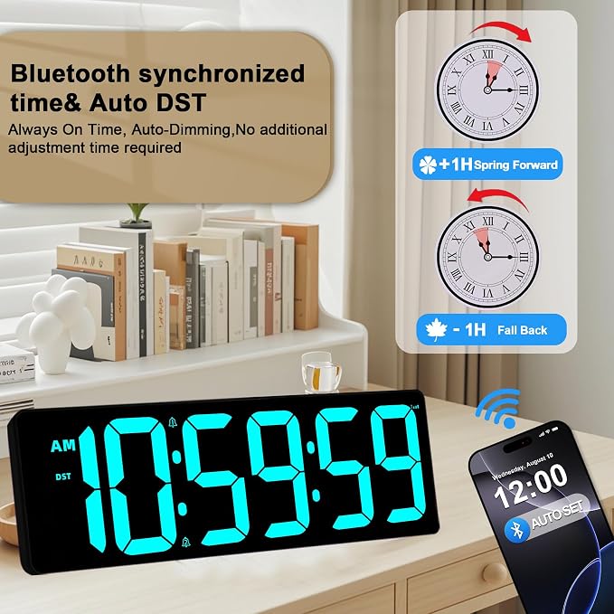 17.2" Bluetooth Digital Wall Clock with Seconds, Large Countdown Timer for Classroom Home Gym Kitchen Office, Alarm Clock with Remote Control, 4 Dimmable Brightness, Auto DST (Ice Blue)