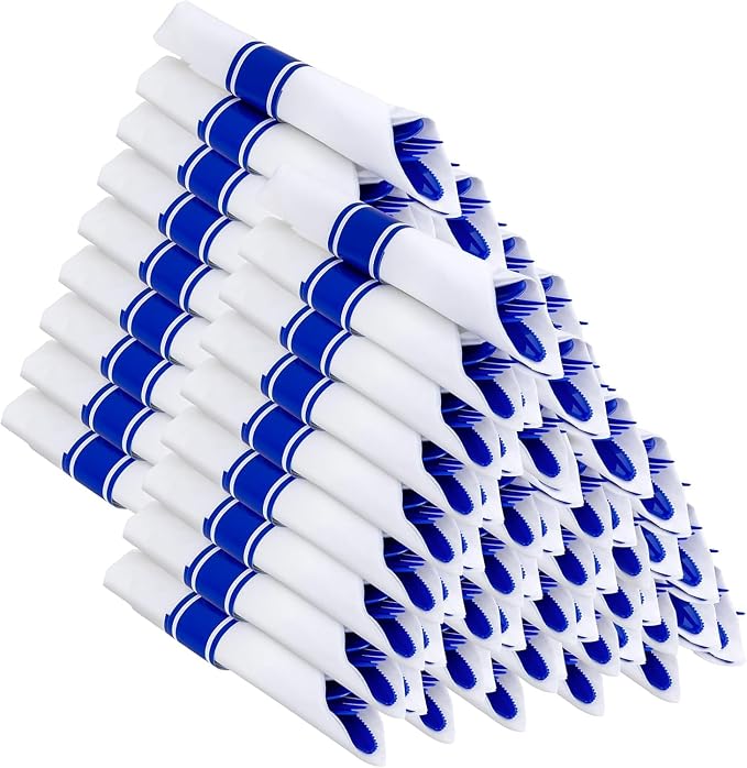 400PCS Pre Rolled Blue Plastic Silverware Set Heavy Duty for Wedding | Individually Wrapped Utensils, 100 Guests, Durable and Sturdy, BPA free, Includes Matching Napkins, for Festive Events
