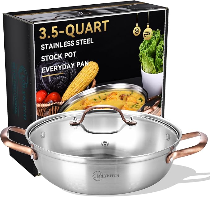 LOLYKITCH 3.5-Quart Stainless Steel Kadai with Lid | 11-Inch Hotpot Pot | Tri-Ply Stainless Steel Saute Pan | Everyday Pan | Induction Indian Cooking Pan | Dishwasher and Oven Safe | 2-3 Servings