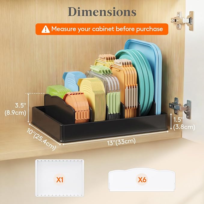 Lifewit Kitchen Cabinet Organizer for Food Contanier Lid with 7 Sections | Lid Holder with 6 Adjustable Dividers for Pantry Organizers and Storage, Home Drawer Organization, Black, Large, 13" x 10"