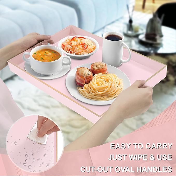 Pink Decorative Tray for Coffee Table, Serving Tray with Handles | Plastic Melamine Tray, Modern Ottoman Tray, Rectangular Countertop Organizer Tray for Living Room, 15.8"L x 10.2"W x 1.4"H