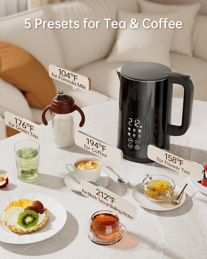 1.7L Stainless Steel Electric Kettle with Temperature Control, Matte Black | 5 Preset Temperatures for Tea & Pour Over Coffee, 2H Keep Warm, 1200W BOIL Mode, 304 Stainless Steel Interior, Cordless Base