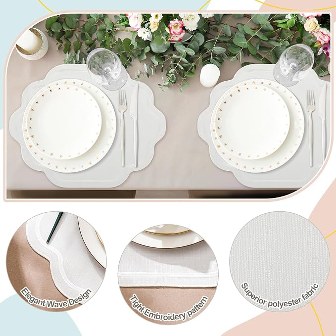 8 Pcs White Cotton Wedding Placemats Scalloped Embroidered Placemats 17" x 13" Double Layered Machine Washable Table Place Mat for Party Table Decor