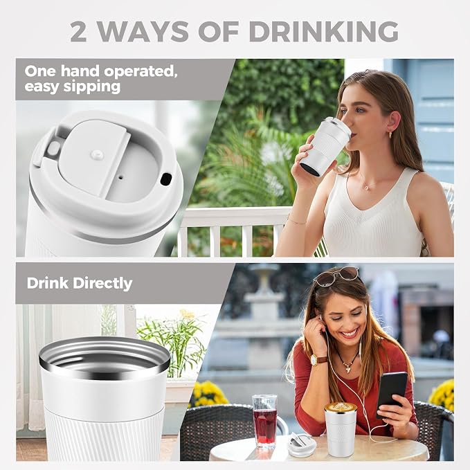 Volhoply 13 oz Stainless Steel Insulated Travel Coffee Mug with Fip Lid,Reusable Double Wall Vacuum Metal Coffee Cup,Portable to Go Leak Proof Cafe Thermal Tumbler for Hot & Cold Drinks(White,1)