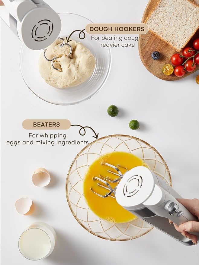 Hand Mixer Electric Handheld, 6 Speed & Turbo Electric Mixer, 300W Handheld Mixer with 2 Stainless Steel Whisk and 2 Dough Hook for Whipping, Mixing Cookies, Brownie, Cakes, Dough Batters, White
