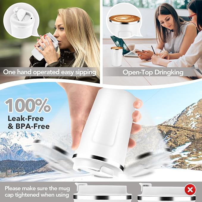 Volhoply 12 oz Double Wall Insulated Vacuum Travel Coffee Mugs with Flip Lid Bulk 2 Pack,Reusable Stainless Steel Leak Proof Coffee Cup,Portable Cafe Thermal Tumbler for Hot & Cold Drinks(White,2 Set)