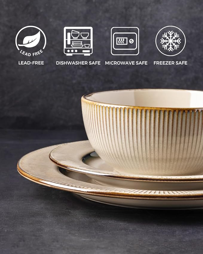 GBHOME Ceramic Dinnerware Sets of 4,12 pcs Plates and Bowls Sets Dishes | Embossed Elegant Stoneware Dishes Set | Dishwasher & Microwave Safe | Service for 4