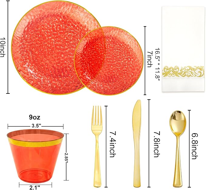 Rubtlamp 175 Pcs Plastic Dinnerware Set (25 Guests), Red And Gold Plastic Plates, Hammered Party Plates Set Include Dinner Plates, Dessert Plates, Cups, Cutlery Set And Napkins for Wedding And Party