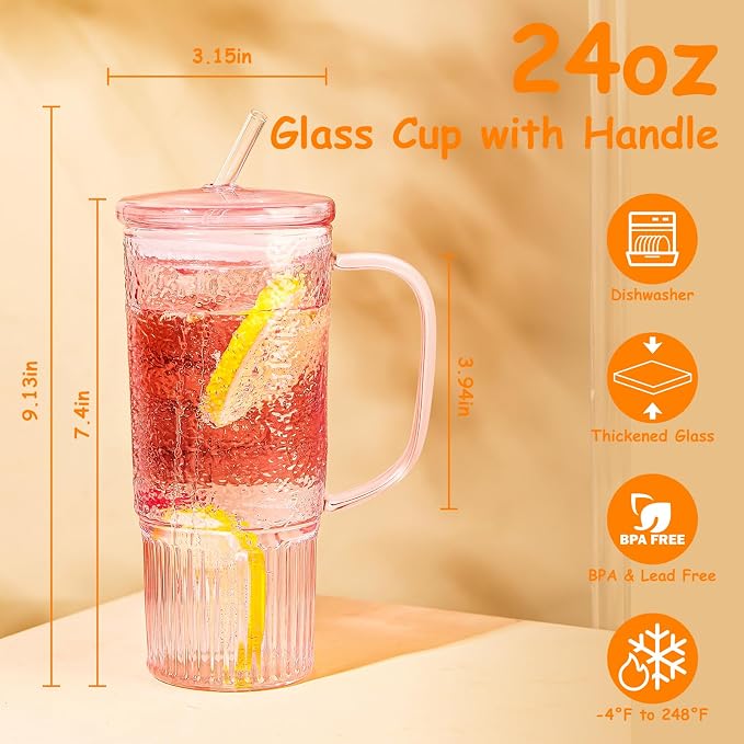 JunVpic Glass Tumbler, 24 oz Glass Cup with Lid, Straw and Handle | Pink glass design, Hammered Texture, reusable straw and lid for iced coffee, tea, smoothies and hot & cold drink