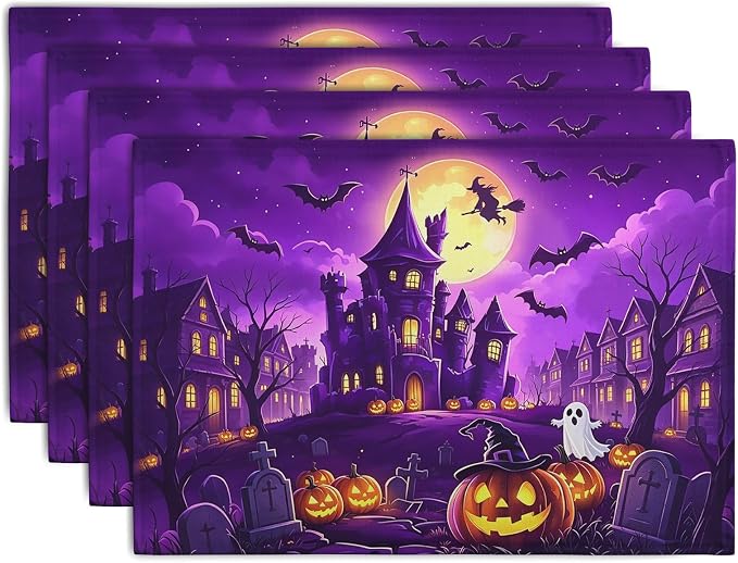 Purple Halloween Placemats Set of 4 Castle Witch Bats Pumpkin Spooky Place Mats Farmhouse Fall Holiday Table Mats for Party Kitchen Dining Outdoor Indoor Decor