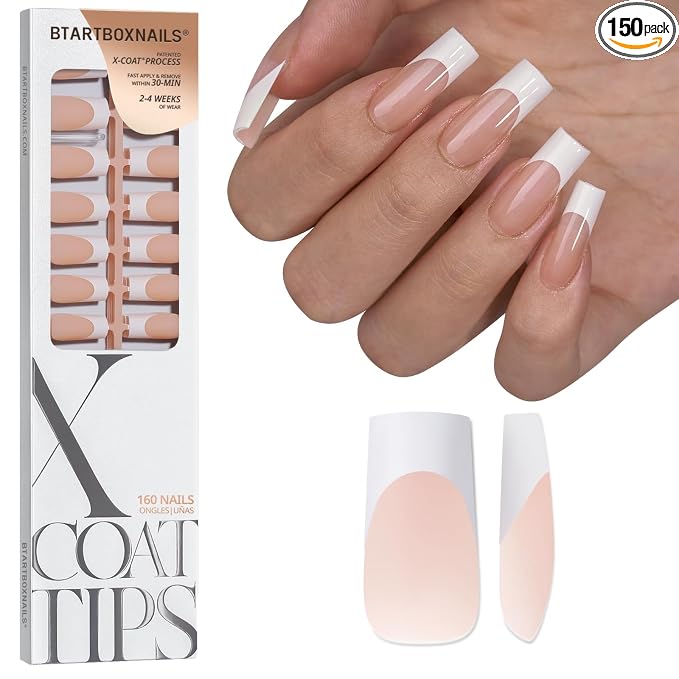 BTArtboxnails XCOATTIPS White French Tip Press On Nails, L Square, Nude | Lamp-Curable 4-Week Wear, Salon Quality Value at Home, Natural Nail Look, Easy-to-Apply for Beginners, 160ct Nail Tips Only