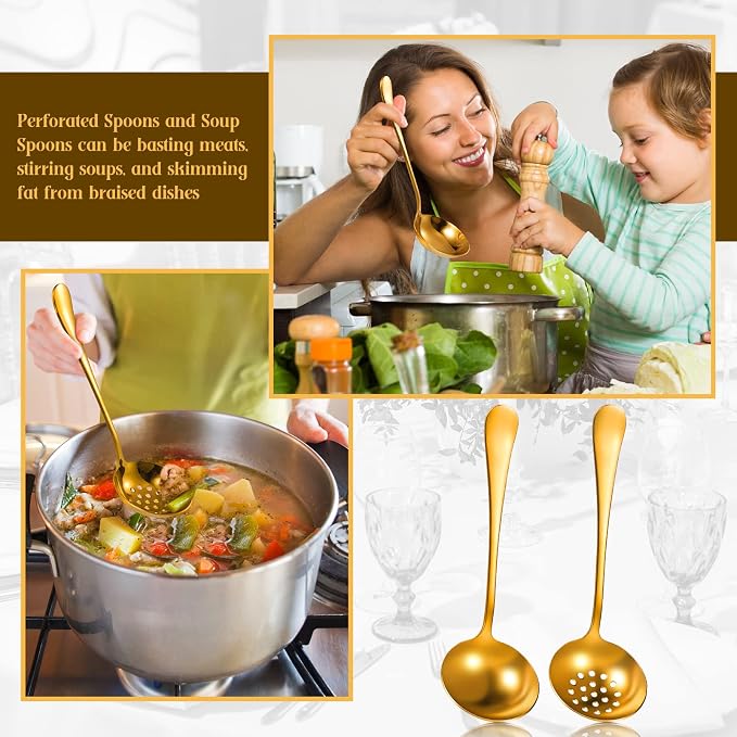 19 Pcs Serving Utensils Set Stainless Steel Tongs,Gold | Includes Spatulas Forks Spoons Perforated Skimmers, Parties Buffet Professional Kitchen Tools Home Gatherings Events