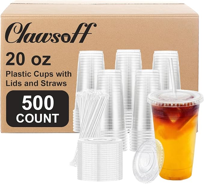 Clawsoff 500 Pack 20 oz Disposable Clear Plastic Cups with Lids and Straws | Leak-Proof Sturdy Cold Drink Cups for Iced Coffee, Smoothies, Juice, Parties & Business