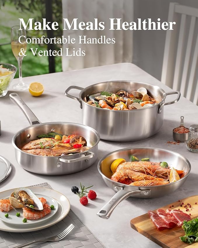 VocVoi Stainless Steel Pan, 12 Inch Frying Pan, PFOA & PTFE Free, Non Toxic Skillet, Dishwasher & Oven Safe, Induction Compatible, Ceramic & Gas Cooktops