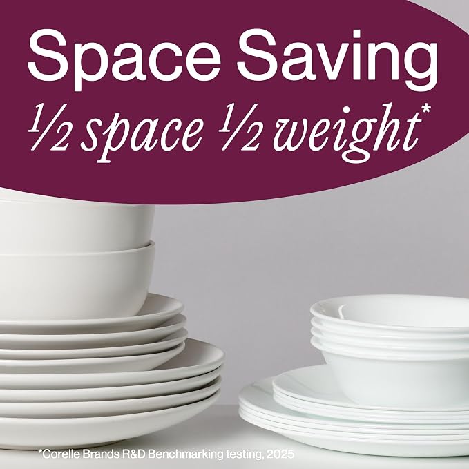 Corelle Vitrelle 38-Piece Service for 12 Dinnerware Set, Triple Layer Glass and Chip Resistant, Lightweight Round Plates and Bowls Set, Winter Frost White