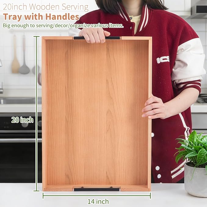 Large Ottoman Tray, 20"x14" Rectangular Trays for Big Ottoman, Maple Wooden Serving Tray with Metal Handles, Wood Serving Tray Counter Kitchen, Living Room Coffee Table Decor Organizer