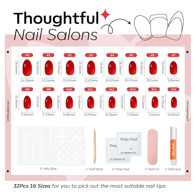 modelones Sheer Red Short Press on Nails, Oval Fake Nails Kit | Semi-Transparent Press Ons with Nail Glue, Adhesive Tabs, Nail File, Prep Pad, Manicure Stick, 32Pcs 16 Sizes, Women Gift