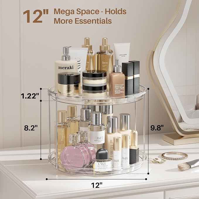 LAMU 12in 2 Tier Lazy Susan Organizer Large Lazy Susan Turntable Rotating Spice Rack Organization for Cabinet, Kitchen, Pantry, Countertop, Bathroom, Vanity, Medicine Cabinet Organizer, Clear