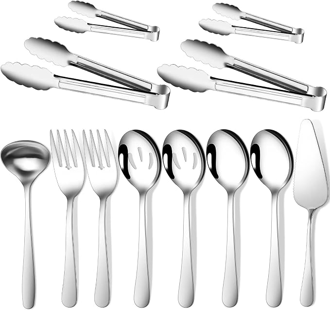 Gisly 12-Piece Serving Set - Large Spoons, Forks, Tongs, Ladle, Cake Server & Appetizer Tongs for Buffet Catering, Dishwasher Safe