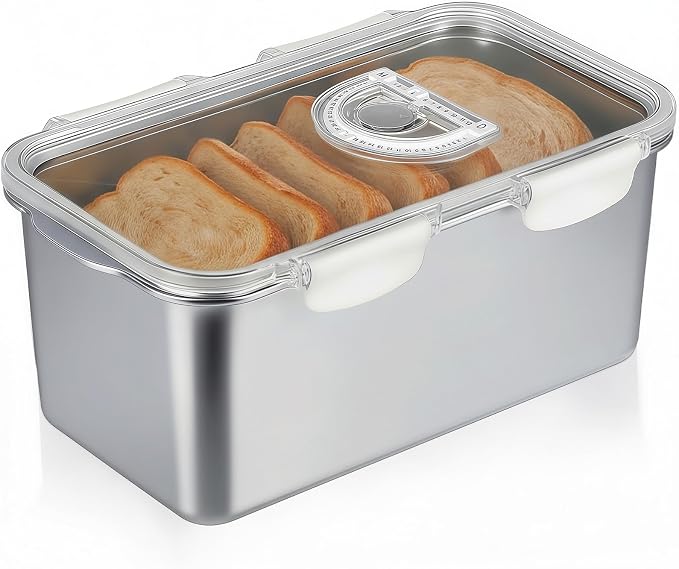 Gifhomfix Bread Box 304 Stainless Steel Bread Container, Dishwasher Safe Bread Storage for Homemade Bread, Time Recording Bread Storage Container with Lid and Handle
