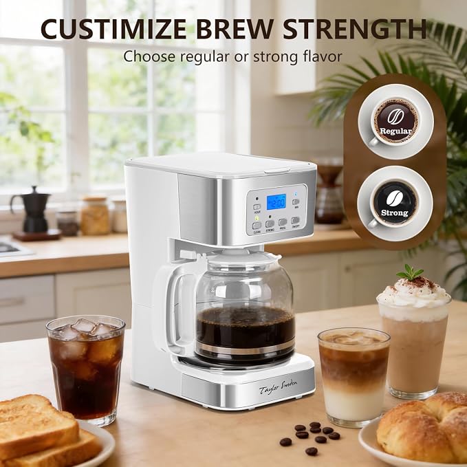 Taylor Swoden 12-Cup Programmable Coffee Maker, White & Stainless Steel | Regular & Strong Brew Drip Coffee Machine for Home and Office, Glass Carafe, Pause & Serve, Auto Shut Off