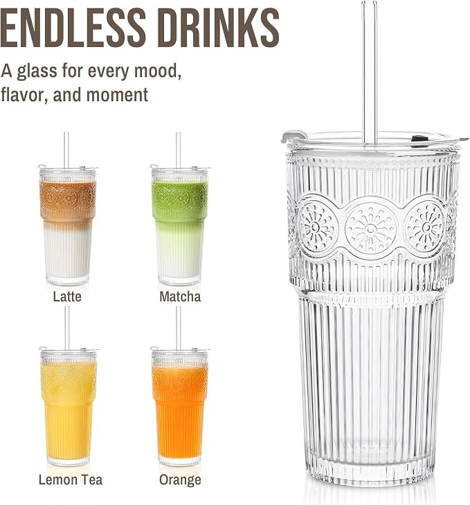 SoulTimes 20oz Ribbed & Floral Glass Tumbler with Lid and Straw – Iced Coffee Glasses Cups for Smoothie, Matcha, Juice, Water etc. Leakproof and Reusable Glassware Drinking for Travel To Go [4 Pcs]