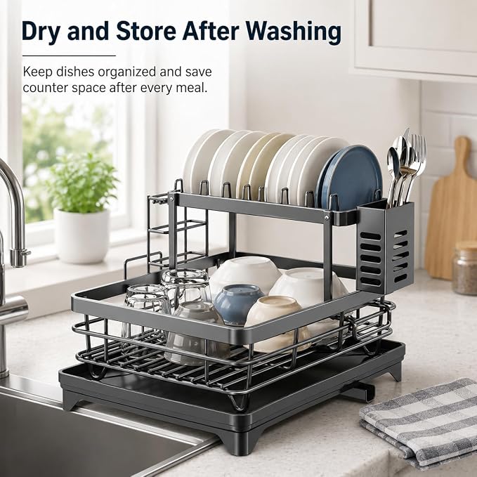 2-Tier 304 Stainless Steel Dish Drying Rack for Kitchen Counter, Gray | Dish rack separates plates, bowls, cups and utensils, while side drainage directs water toward the sink.