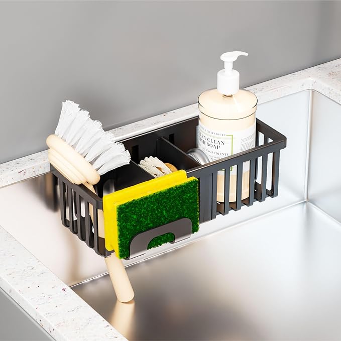 Black In Sink Sponge Holder for Kitchen Sink Organizer,3-In-1 In Sink Caddy with Suction Cups,Plastic Scrub Brush and Sink Ccrub Holder,New Home Must Haves Sponge Caddy,Dish Soap Rack,Dispenser