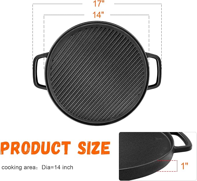GGC Reversible Cast Iron Griddle for Stove Top, 14" Round Griddle Pan | Double Sided Griddle Plate Perfect for Gas Grills and Outdoor Cooking, Baking Flat and Ribbed Grill Griddle