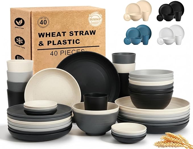 40 Piece Plates and Bowls Sets for 8, Unbreakable Wheat Straw Dinnerware Sets for 8, Microwave Safe Dishes Set for 8, Plastic Dinnerware Set for Home, Apartment, Dorm - BlackBeige