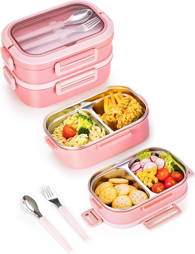 Lille Home Stackable Stainless Steel Bento Lunch Box + Insert Cutlery, 56oz | 2 Tier Leakproof Metal Lunch Boxes, 4-Compartment Food Containers for Work, Picnic, Meal Prep & Portion Control (Pink)