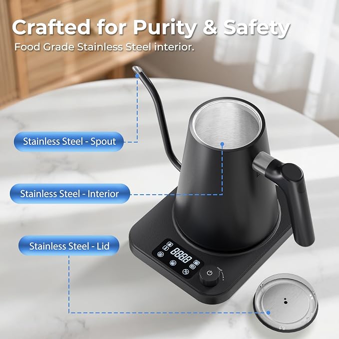 Gooseneck Electric Kettle, ±1°F Temperature Control Electric Kettle, 1.0L 1200W Fast Heating, 24H Keep Warm, 30Min Auto Memory, Food Grade Stainless Steel, Pour Over Kettle for Coffee and Tea