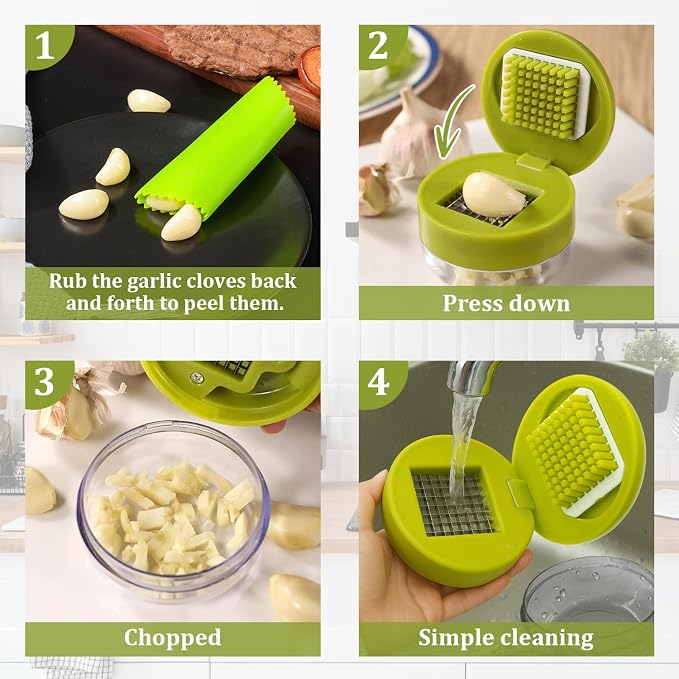2 Pcs Garlic Press Stainless Steel, Mini Garlic Chopper with Peeler, Cleaning Brush & Scrapers