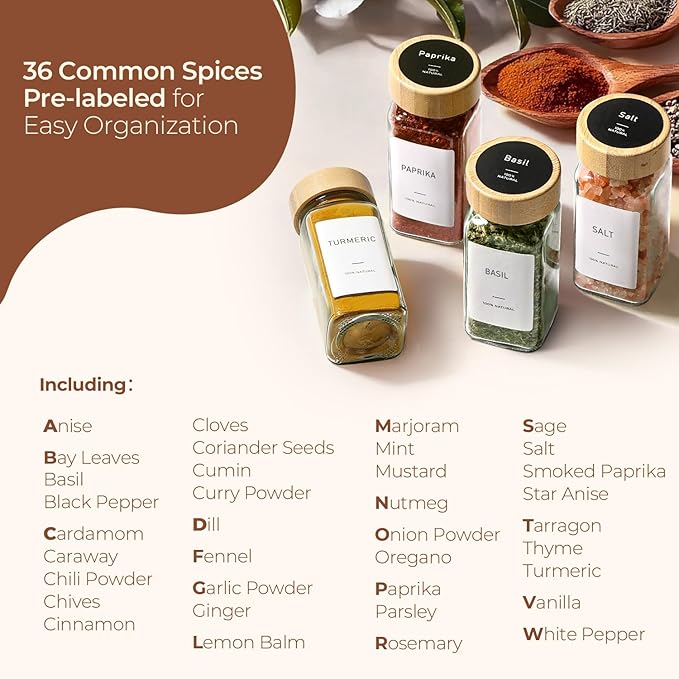 ComSaf Glass Spice Jars with with Labels 4 oz 24 Pack Bamboo Lids Bulk Set | Empty Containers, Seasoning Herb Powder, Salt Pepper Chili, Spice Rack Organization, Kitchen Cabinet Storage, Funnel Included