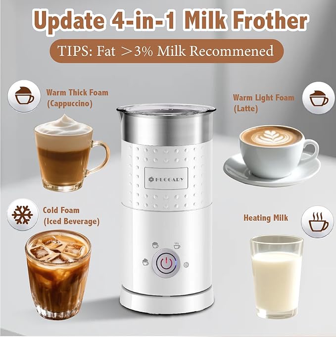 4 in 1 Milk Frother，Electric Milk Frother and Steamer 300ml，Fast Frothing | Stainless Steel Inner,Automatic Hot& Cold Foam Maker and Milk Warmer For Latte, Cappuccinos, Macchiato（White）