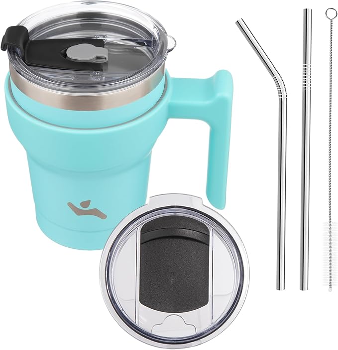 Konokyo 10 oz Tumbler with Handle and Straw, Insulated Travel Mug | Turquoise; BPA-free, leak-proof tumbler with 2 lids, 2 straws, cup holder fit for coffee, office, travel & daily use