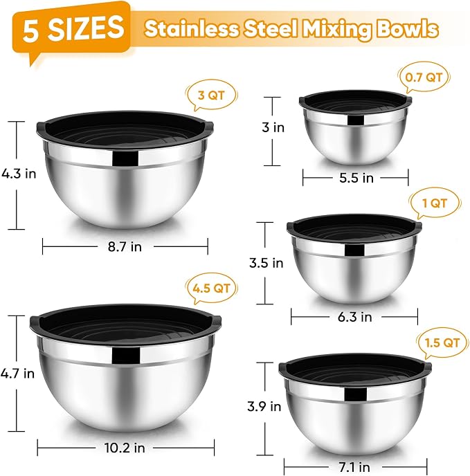 TeamFar Mixing Bowls Set of 5, Stainless Steel Metal Salad Bowls with Lids | 4.5/3/1.5/1/0.7 QT, Nesting Bowls, Ideal for Mixing Prepping Serving, Non-Toxic & Sturdy, Airtight Lid & Easy Clean, Black