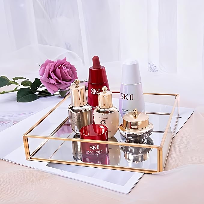 Sooyee Gold Square Mirror Tray, 8"x8" Metal and Glass Decorative Tray for Jewelry, Perfume, Makeup, Vanity, Dresser, Bathroom, Bedroom, Office, Coffee Table